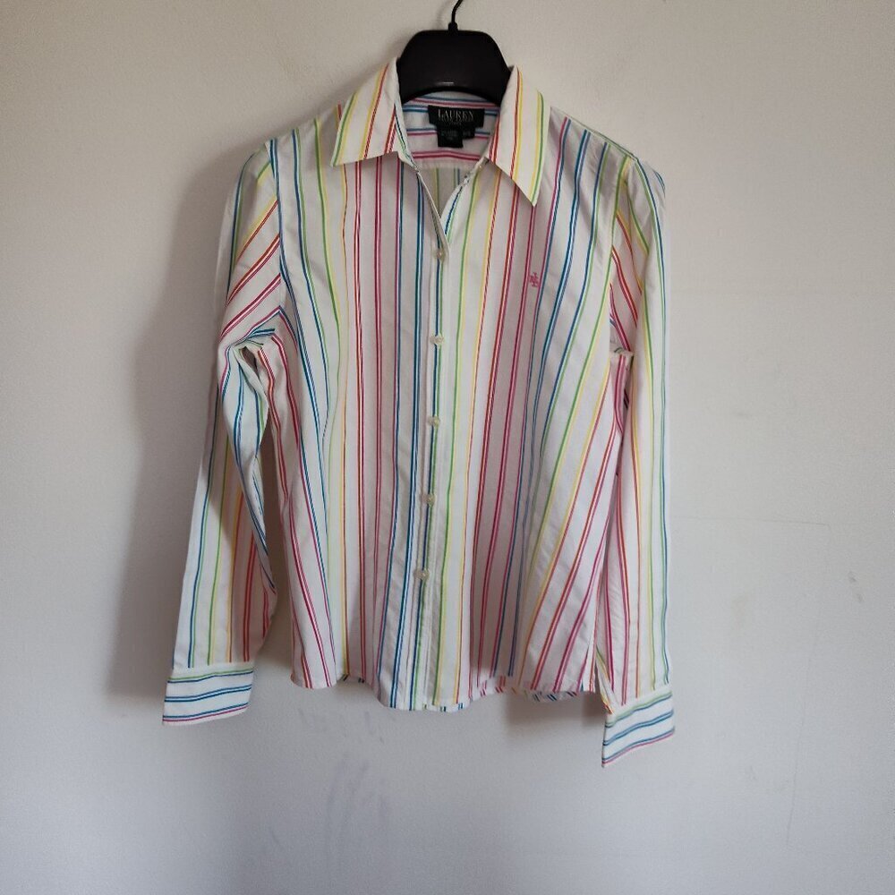 Ladies Petite SZ PS Lauren Ralph Lauren White Multi-Stripe Blouse